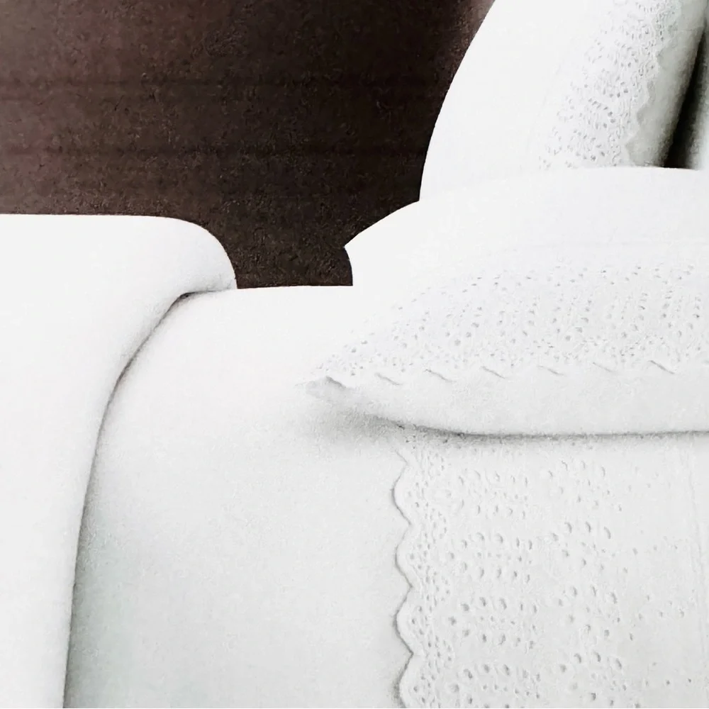 RACHEL ASHWELL KING Sheet Set White 200tc Cotton Percale Eyelet Scalloped Trim